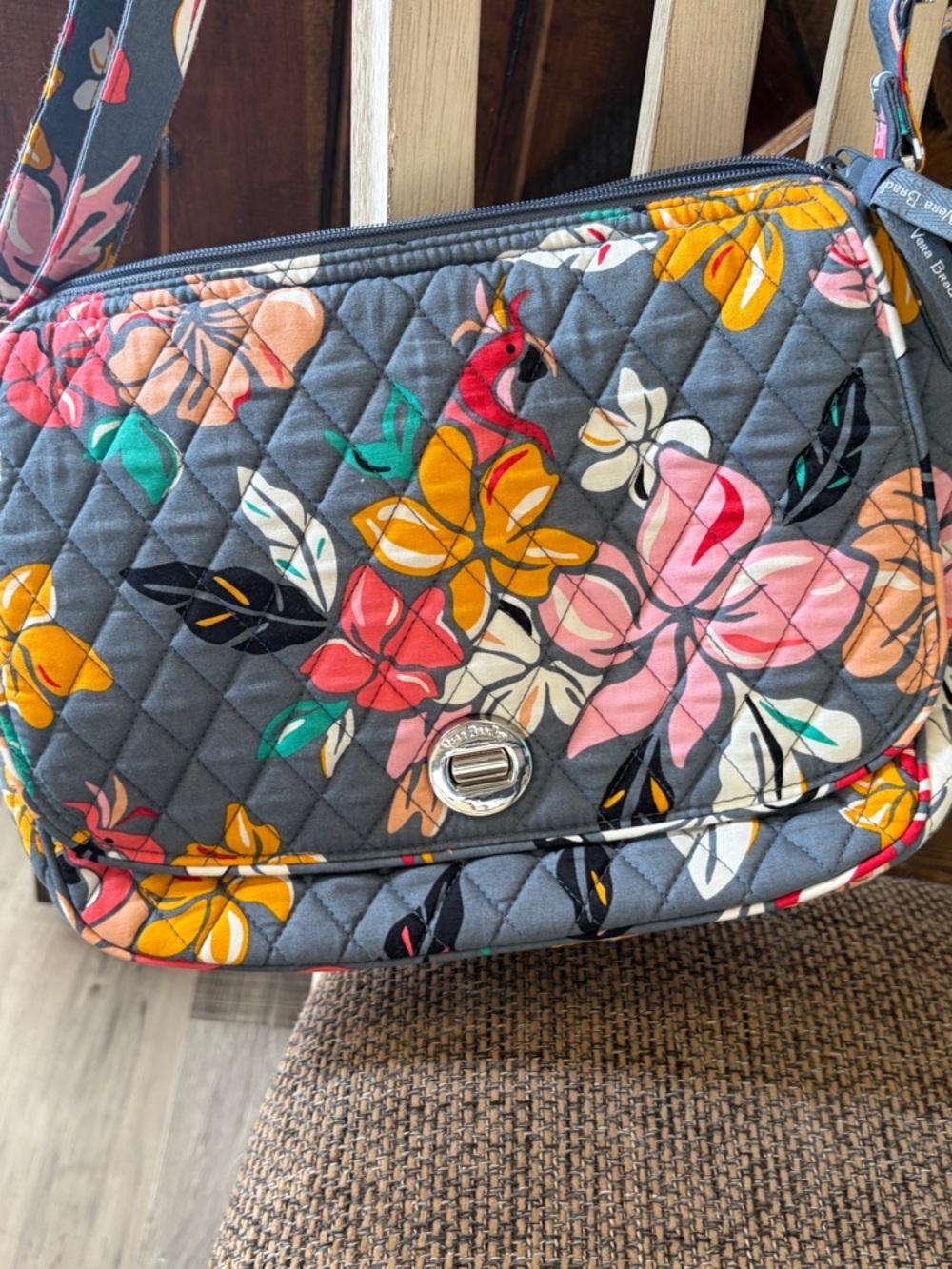 Vera Bradley Quilted Floral Crossbody in Gray with Pink, Yellow & Green Accents